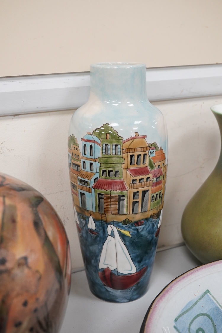 Two Cobridge vases, a Pilkington's Royal Lancastrian vase, 20cm high and a Diane Cross bowl